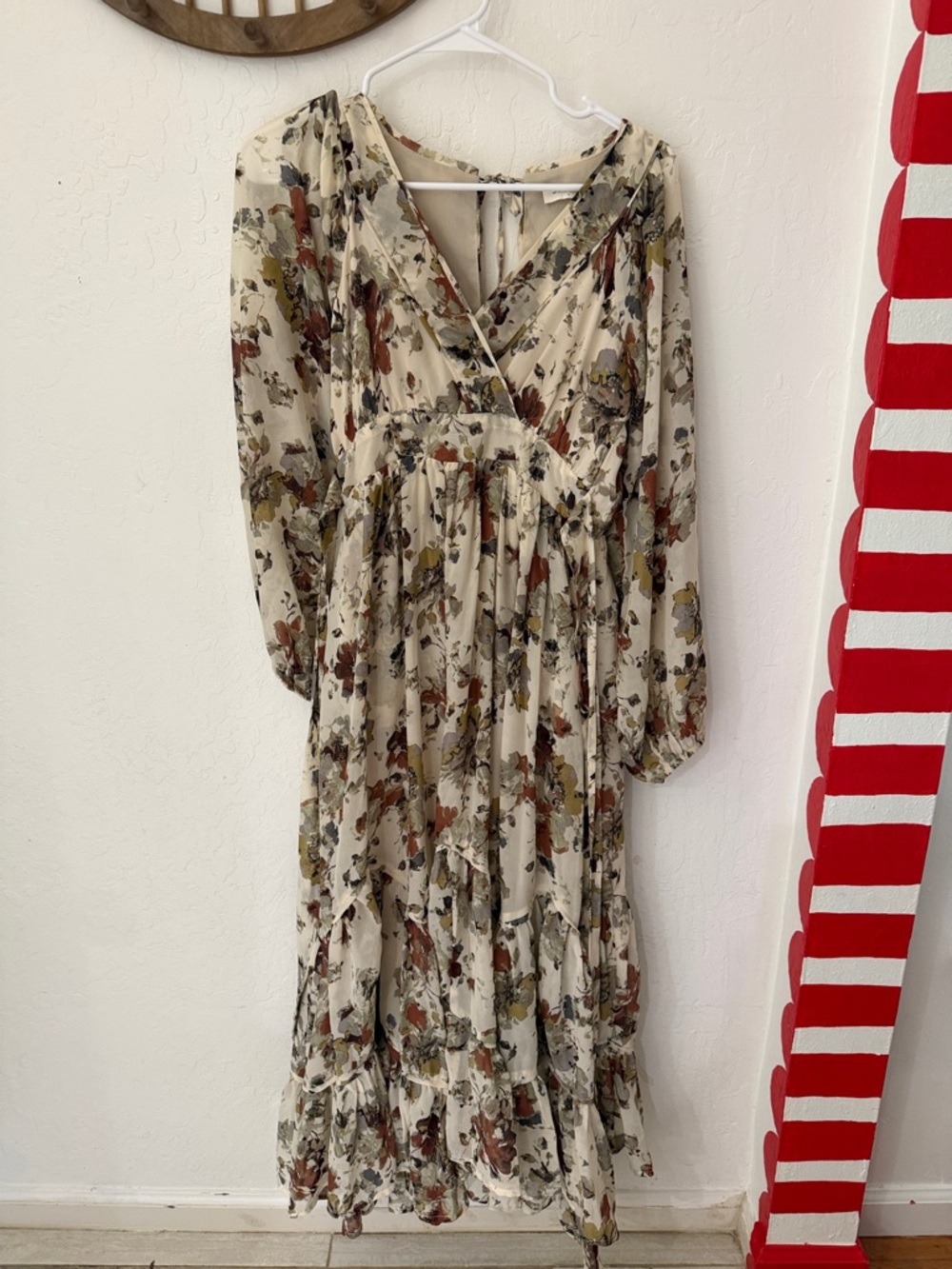 Storia Earthy Floral Flowy Boho Mid Maxi Tie Back Blouson Tiered Dress Small - Picture 2 of 6